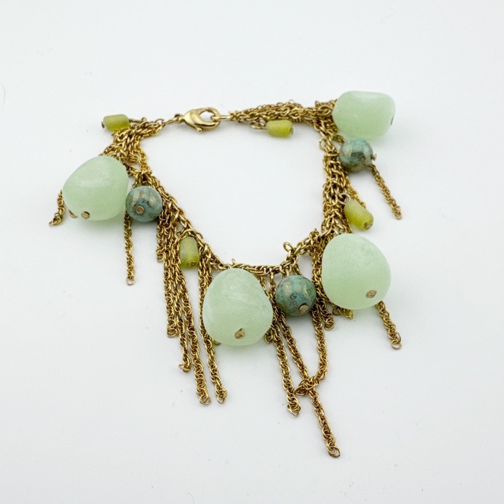 Boho Multi Stone Charm Chain Bracelet Womens 7in Gold Tone Green